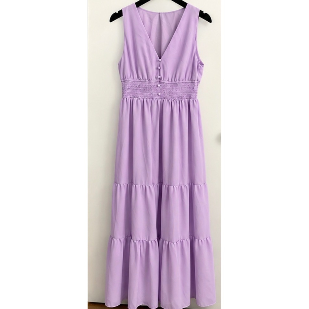 Lavender Purple V-Neck Smocked Waist Tiered Maxi Dress Sleeveless Large 722